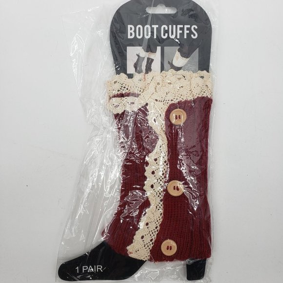 Burgundy Boot Cuffs Knit Lace & Button Trim Boho Socks Toppers NWT - Picture 3 of 6